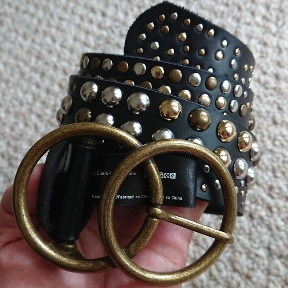 Urban outfitters Studded Double O-Ring Gold Silver Leather Black Belt - size S - Picture 1 of 12
